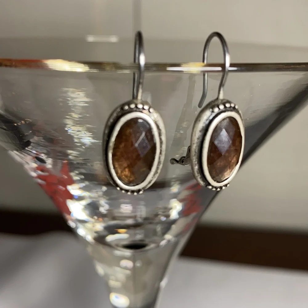 Dainty unusual faceted stone earrings antiqued silvertone